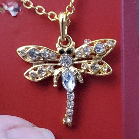 💖 Dragonfly necklace with earrings goldtone with clear gems. - Picture 8 of 13